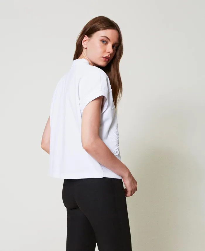 Twinset Pique Polo TShirt With Embroidery Papers White Women TShirts And Tops Twinset Pique Polo TShirt With Embroidery Papers White Women TShirts And Tops