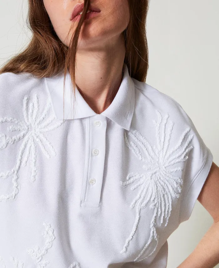 Twinset Pique Polo TShirt With Embroidery Papers White Women TShirts And Tops Twinset Pique Polo TShirt With Embroidery Papers White Women TShirts And Tops