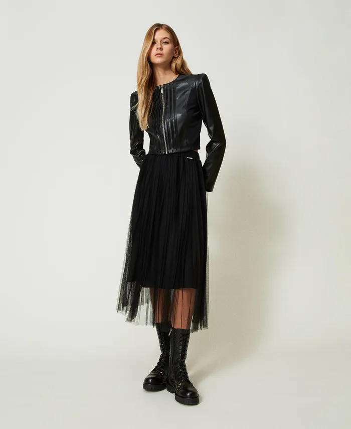 Twinset Pleated Tulle Midi Skirt Black Women Skirts
