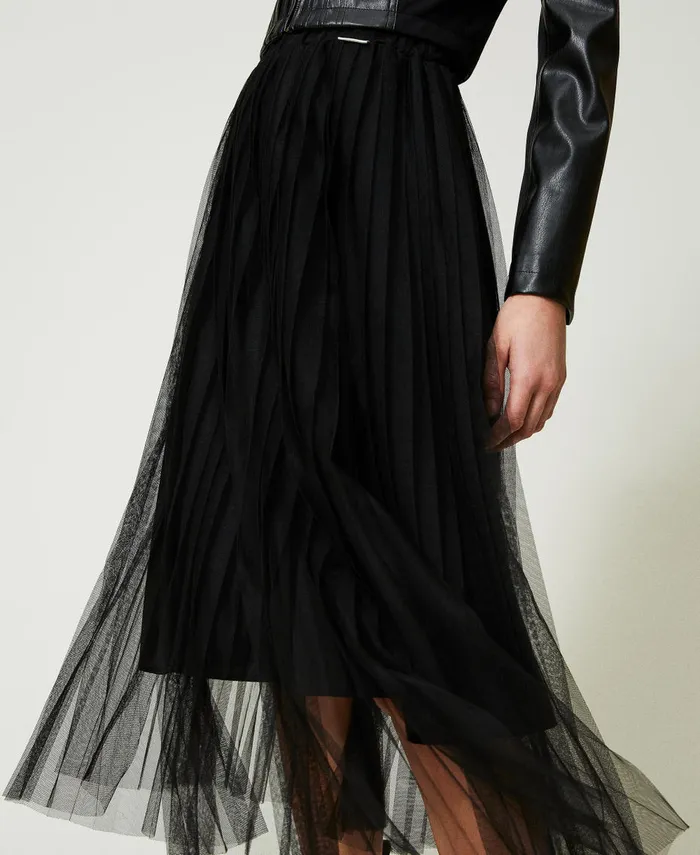 Twinset Pleated Tulle Midi Skirt Black Women Skirts Twinset Pleated Tulle Midi Skirt Black Women Skirts