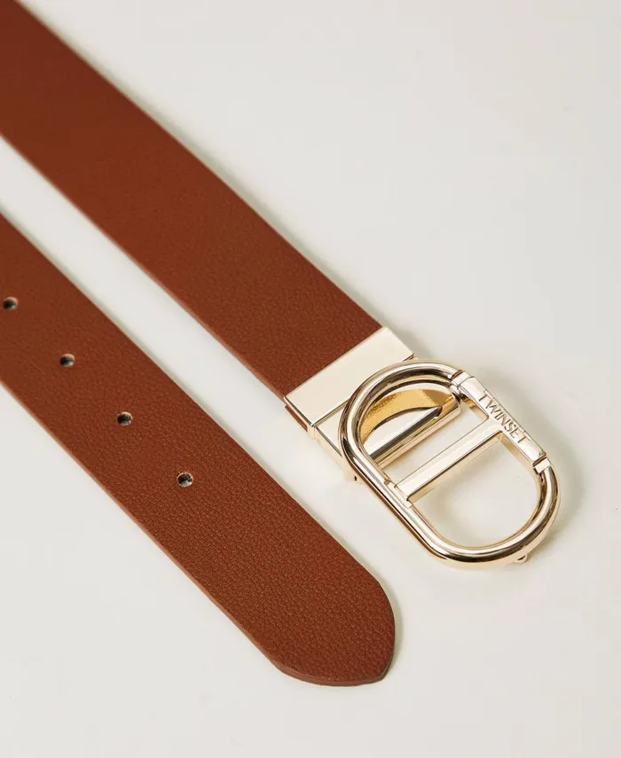 Twinset Reversible Belt With Snap Oval T Buckle Twotone Leather Classic Blue Women Belts Twinset Reversible Belt With Snap Oval T Buckle Twotone Leather Classic Blue Women Belts