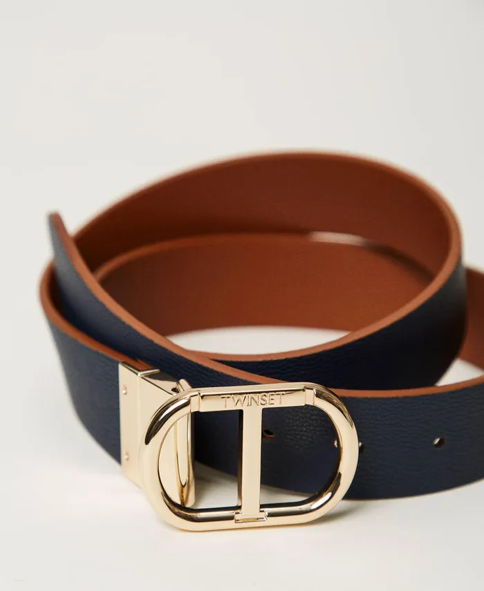 Twinset Reversible Belt With Snap Oval T Buckle Twotone Leather Classic Blue Women Belts Twinset Reversible Belt With Snap Oval T Buckle Twotone Leather Classic Blue Women Belts