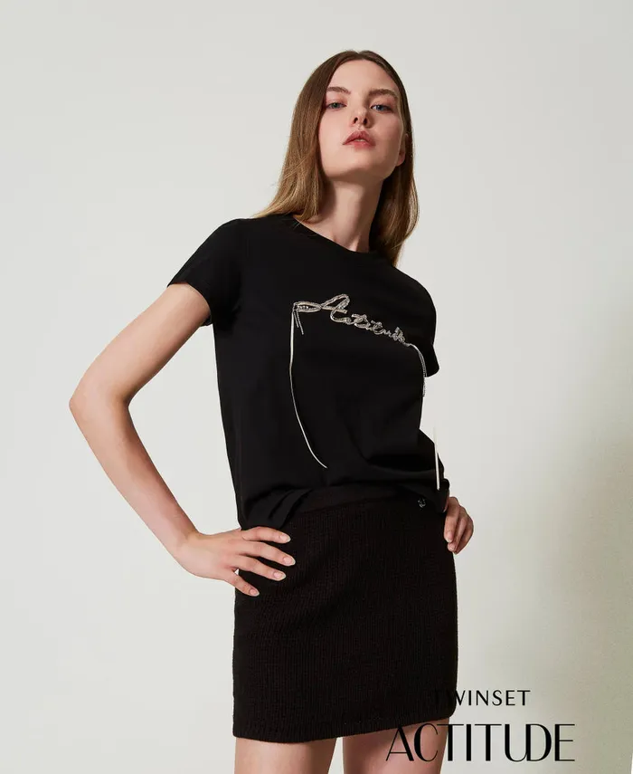 Twinset Rhinestones And Logo TShirt Black Women TShirts And Tops
