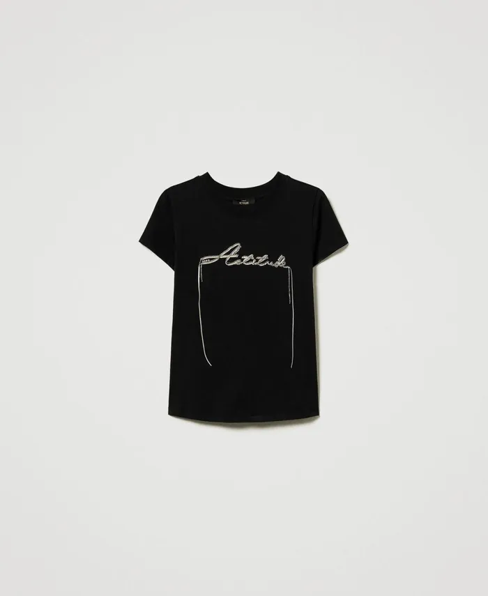 Twinset Rhinestones And Logo TShirt Black Women TShirts And Tops Twinset Rhinestones And Logo TShirt Black Women TShirts And Tops