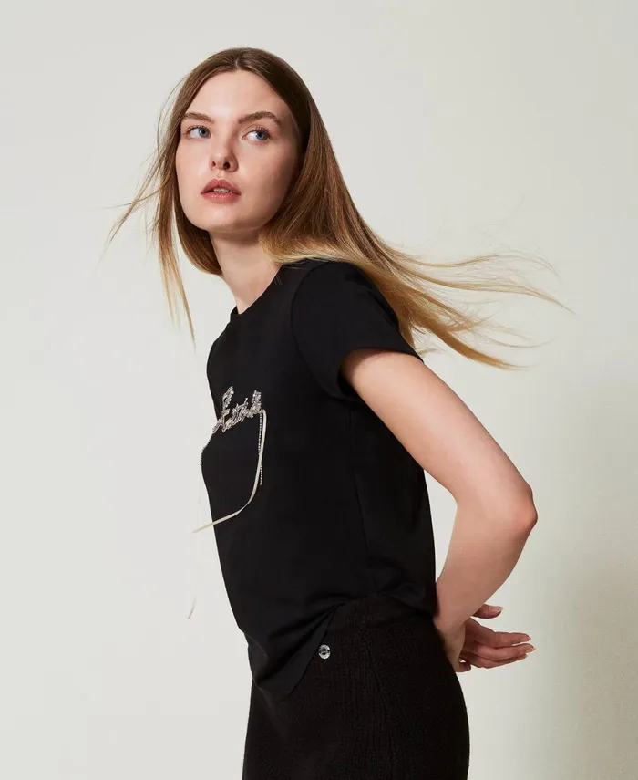 Twinset Rhinestones And Logo TShirt Black Women TShirts And Tops Twinset Rhinestones And Logo TShirt Black Women TShirts And Tops