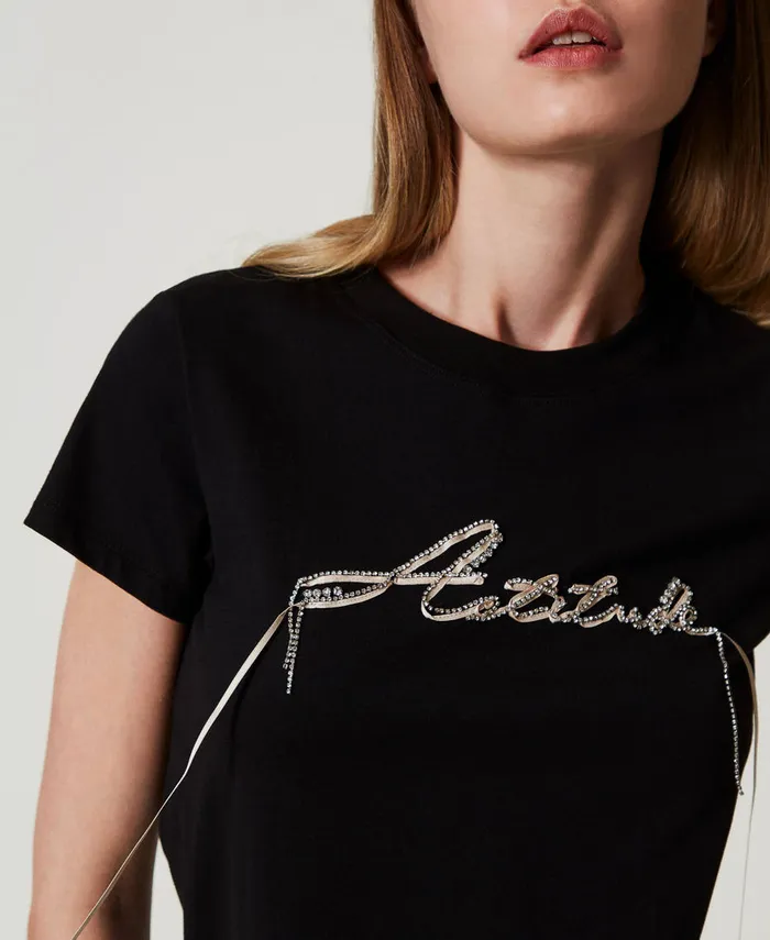 Twinset Rhinestones And Logo TShirt Black Women TShirts And Tops Twinset Rhinestones And Logo TShirt Black Women TShirts And Tops
