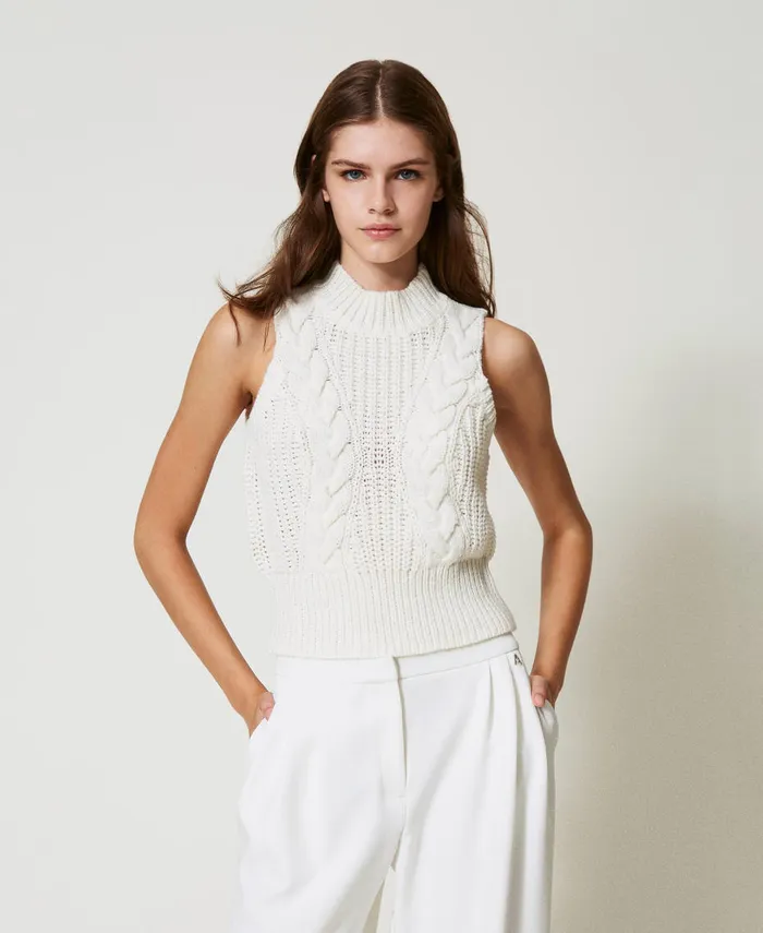 Twinset Rib And Cable Knit Top Off White Women TShirts And Tops