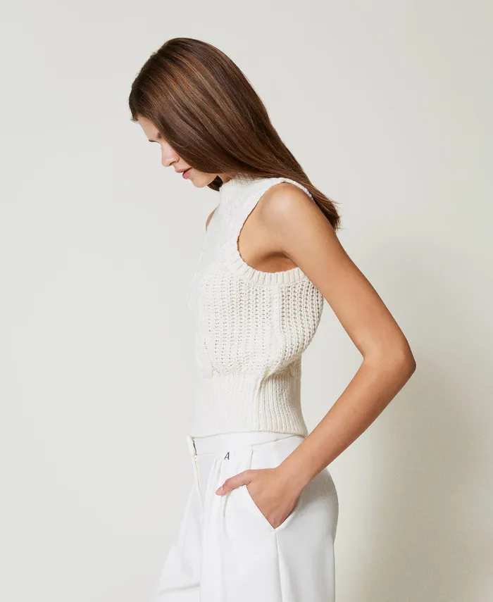 Twinset Rib And Cable Knit Top Off White Women TShirts And Tops Twinset Rib And Cable Knit Top Off White Women TShirts And Tops