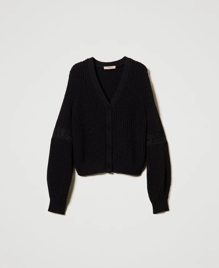 Twinset Ribbed Cardigan With Lace Black Women Jumpers And Cardigans Twinset Ribbed Cardigan With Lace Black Women Jumpers And Cardigans