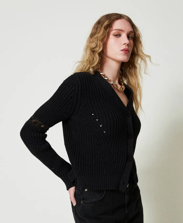Twinset Ribbed Cardigan With Lace Black Women Jumpers And Cardigans Twinset Ribbed Cardigan With Lace Black Women Jumpers And Cardigans