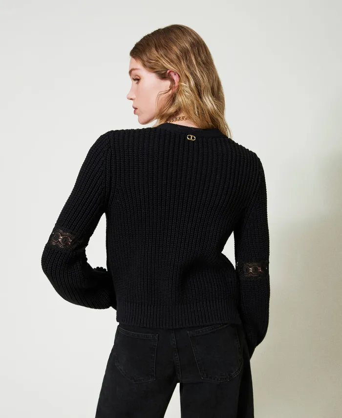 Twinset Ribbed Cardigan With Lace Black Women Jumpers And Cardigans Twinset Ribbed Cardigan With Lace Black Women Jumpers And Cardigans