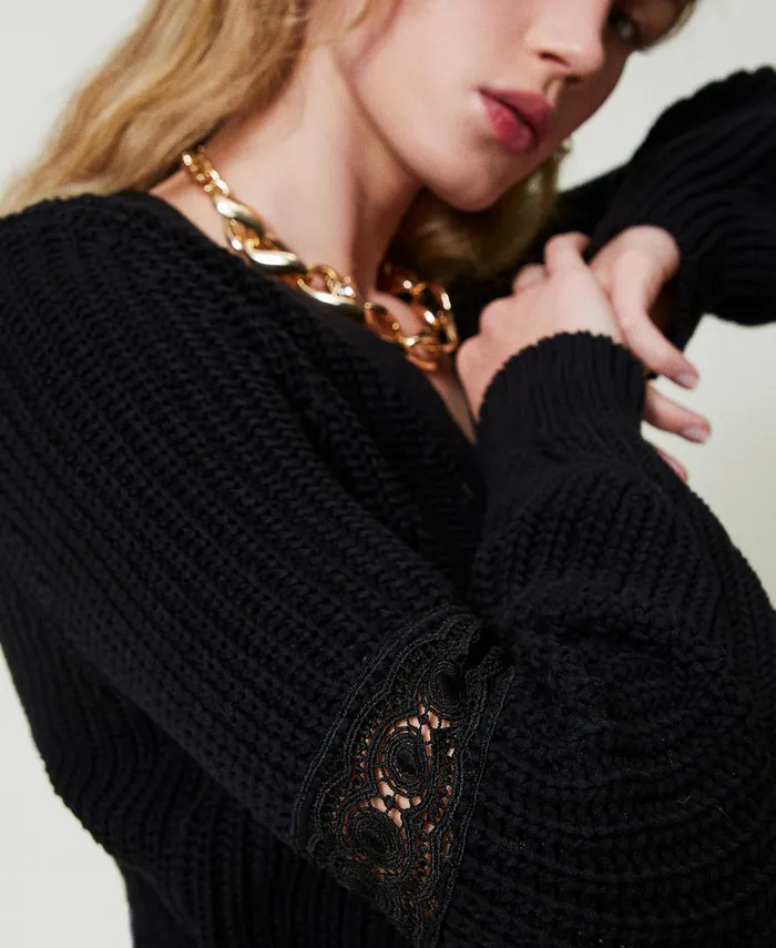 Twinset Ribbed Cardigan With Lace Black Women Jumpers And Cardigans Twinset Ribbed Cardigan With Lace Black Women Jumpers And Cardigans