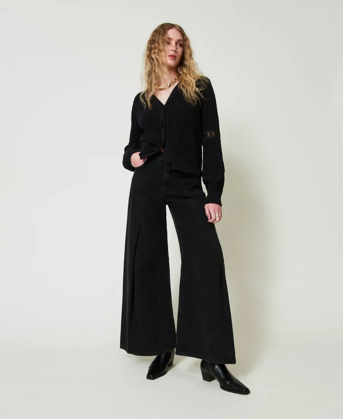 Twinset Ribbed Cardigan With Lace Black Women Jumpers And Cardigans Twinset Ribbed Cardigan With Lace Black Women Jumpers And Cardigans