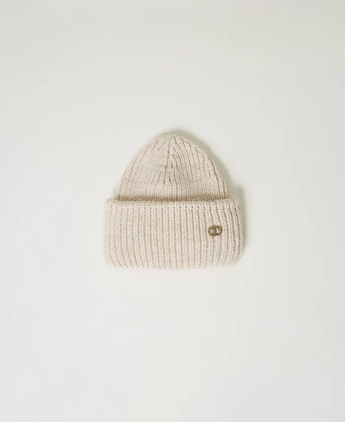 Twinset Ribbed Knit Beanie With Oval T White Cream Women Hats