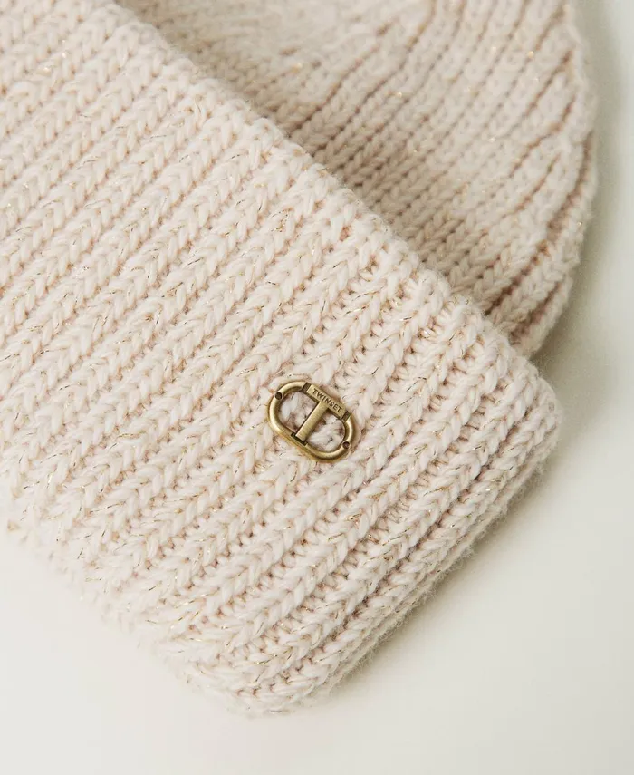 Twinset Ribbed Knit Beanie With Oval T White Cream Women Hats Twinset Ribbed Knit Beanie With Oval T White Cream Women Hats