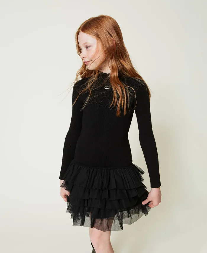 Twinset Ribbed Knit Dress With Tulle Black Girl Dresses
