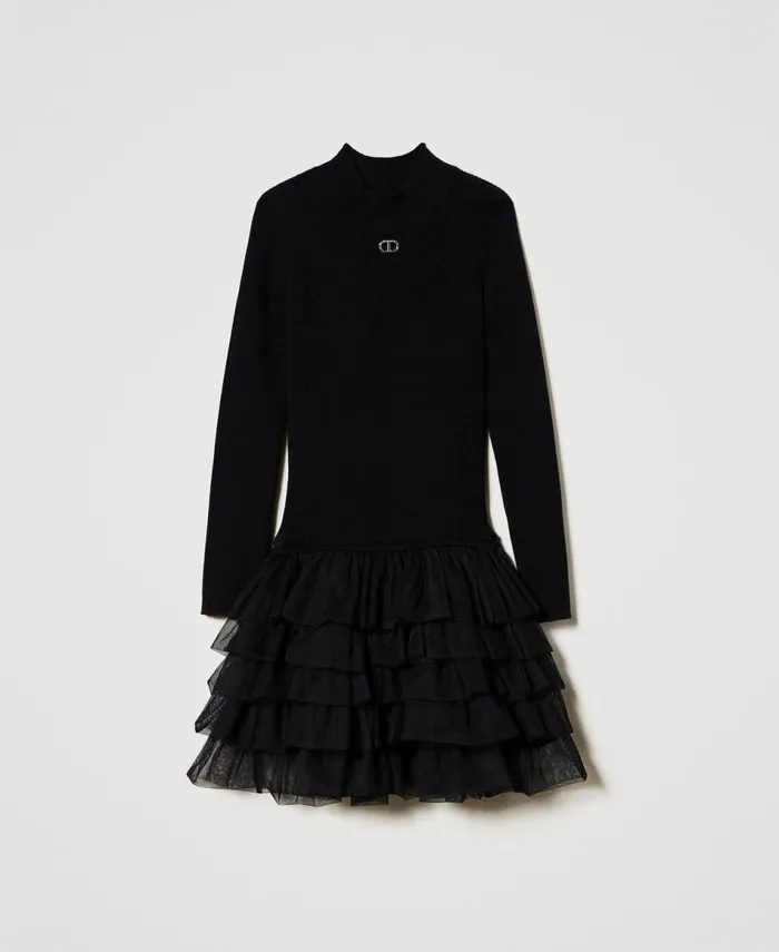 Twinset Ribbed Knit Dress With Tulle Black Girl Dresses Twinset Ribbed Knit Dress With Tulle Black Girl Dresses