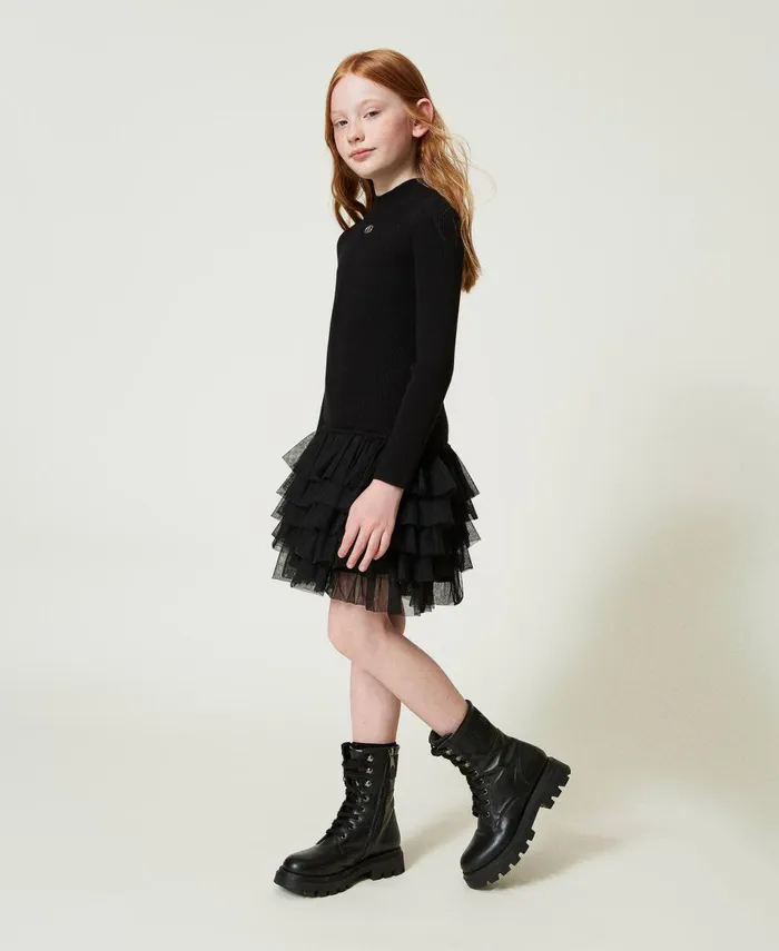 Twinset Ribbed Knit Dress With Tulle Black Girl Dresses Twinset Ribbed Knit Dress With Tulle Black Girl Dresses