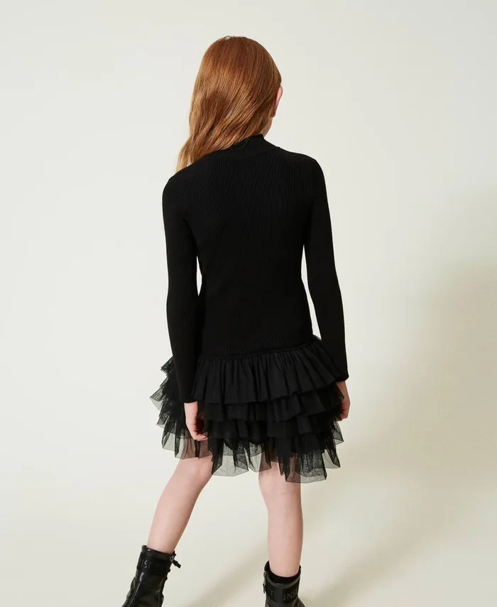 Twinset Ribbed Knit Dress With Tulle Black Girl Dresses Twinset Ribbed Knit Dress With Tulle Black Girl Dresses