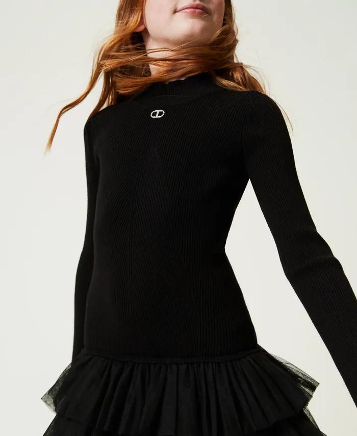 Twinset Ribbed Knit Dress With Tulle Black Girl Dresses Twinset Ribbed Knit Dress With Tulle Black Girl Dresses