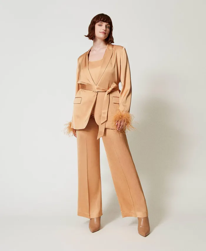 Twinset Satin Straight Leg Trousers Bubbly Orange Women Suits And Sets