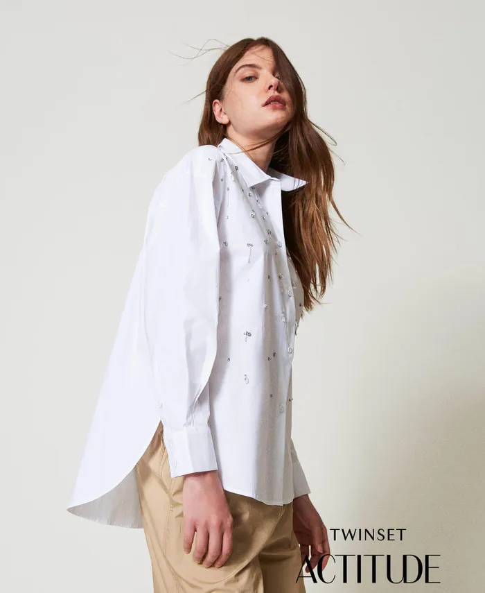 Twinset Shirt With Hand Embroidery Papers White Women Blouses And Shirts