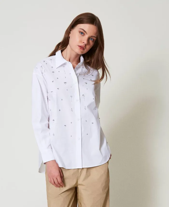 Twinset Shirt With Hand Embroidery Papers White Women Blouses And Shirts Twinset Shirt With Hand Embroidery Papers White Women Blouses And Shirts