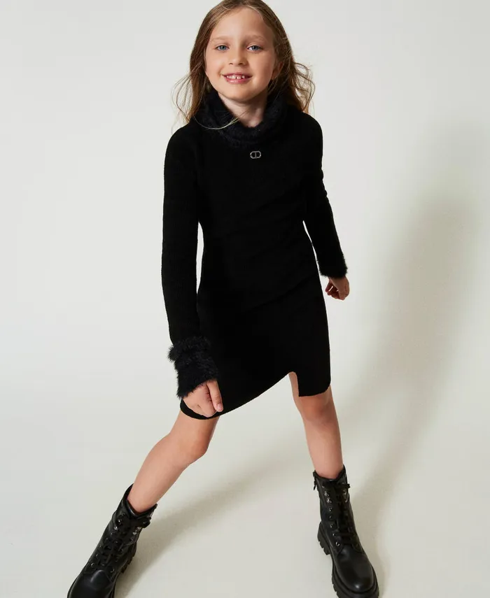 Twinset Short Knit Dress With Faux Fur Black Girl Dresses