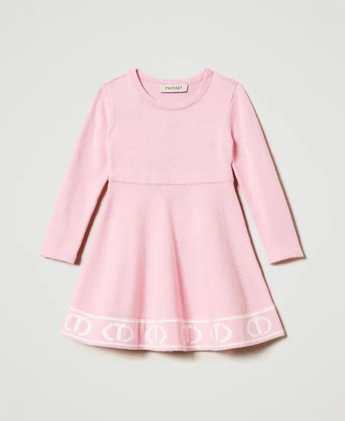 Twinset Short Knit Dress With Jacquard Oval T Twotone Pink Orchid Off White Girl Dresses