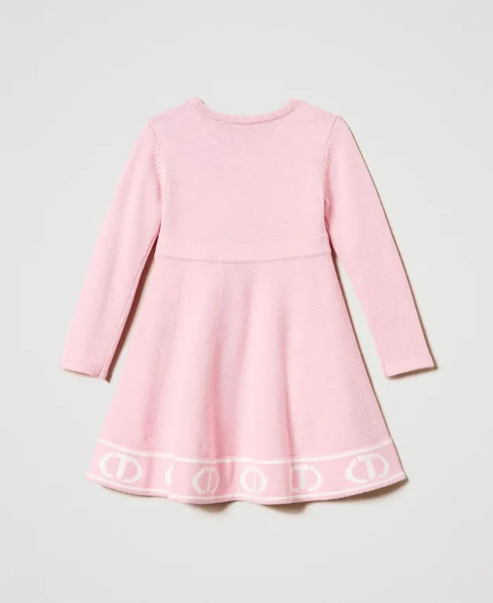 Twinset Short Knit Dress With Jacquard Oval T Twotone Pink Orchid Off White Girl Dresses Twinset Short Knit Dress With Jacquard Oval T Twotone Pink Orchid Off White Girl Dresses