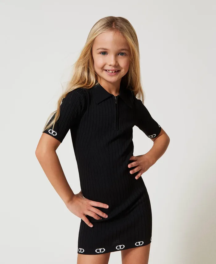 Twinset Short Knit Dress With Polo Shirt Neck Black Girl Dresses