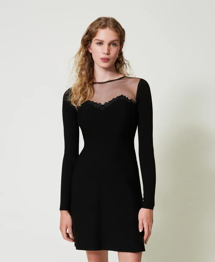 Twinset Short Knit Dress With Tulle And Embroidery Black Women Dresses