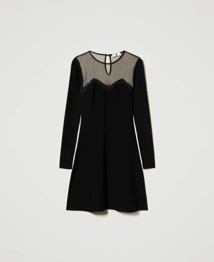 Twinset Short Knit Dress With Tulle And Embroidery Black Women Dresses Twinset Short Knit Dress With Tulle And Embroidery Black Women Dresses