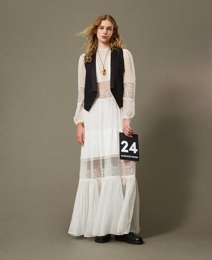Twinset Silk Creponne Dress With Lace White Snow Women Dresses