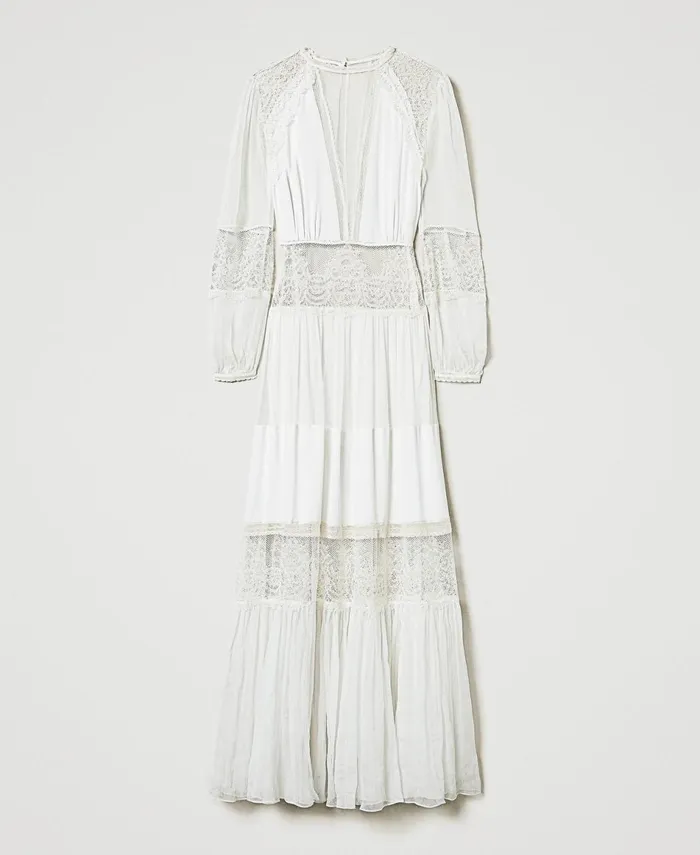 Twinset Silk Creponne Dress With Lace White Snow Women Dresses Twinset Silk Creponne Dress With Lace White Snow Women Dresses