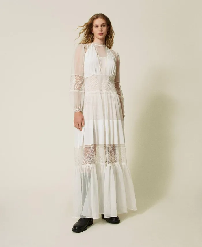 Twinset Silk Creponne Dress With Lace White Snow Women Dresses Twinset Silk Creponne Dress With Lace White Snow Women Dresses