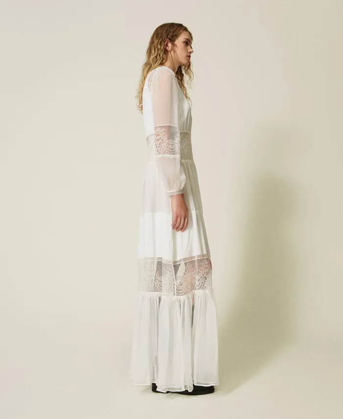Twinset Silk Creponne Dress With Lace White Snow Women Dresses Twinset Silk Creponne Dress With Lace White Snow Women Dresses