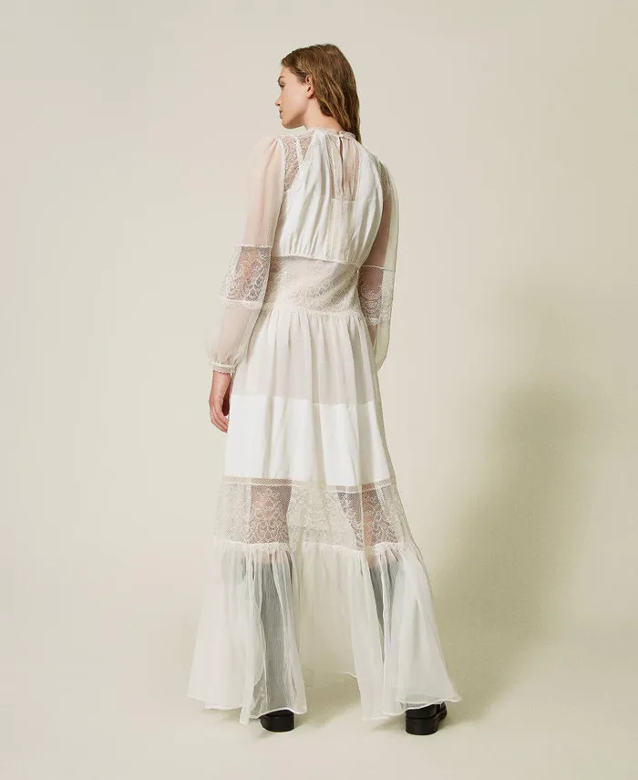 Twinset Silk Creponne Dress With Lace White Snow Women Dresses Twinset Silk Creponne Dress With Lace White Snow Women Dresses