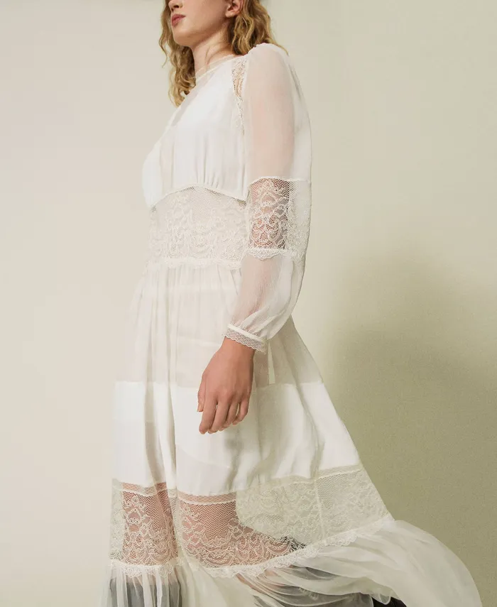 Twinset Silk Creponne Dress With Lace White Snow Women Dresses Twinset Silk Creponne Dress With Lace White Snow Women Dresses