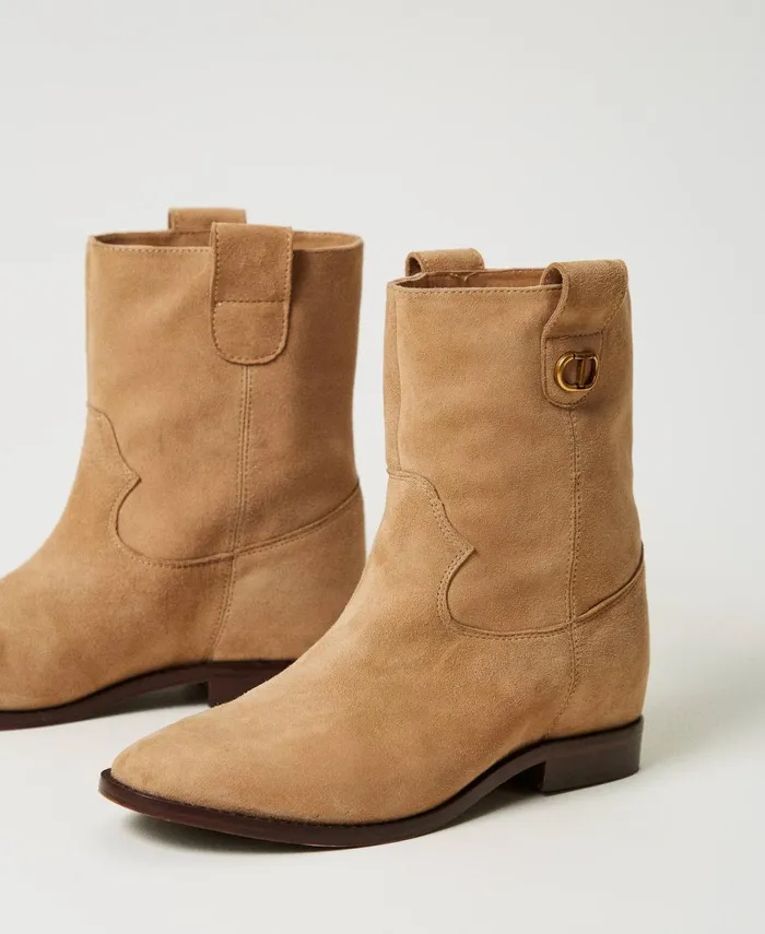 Twinset Suede Leather Ankle Boots Camel Women Flat Shoes Twinset Suede Leather Ankle Boots Camel Women Flat Shoes