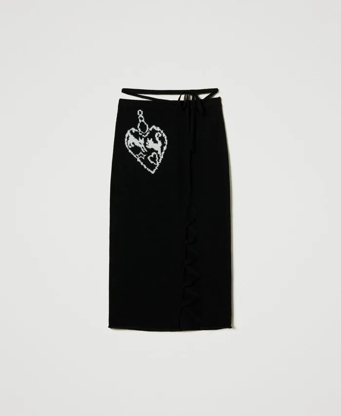 Twinset Treeblend Yarn Jacquard Midi Skirt Black Snow White Inlay Women Skirts Twinset Treeblend Yarn Jacquard Midi Skirt Black Snow White Inlay Women Skirts