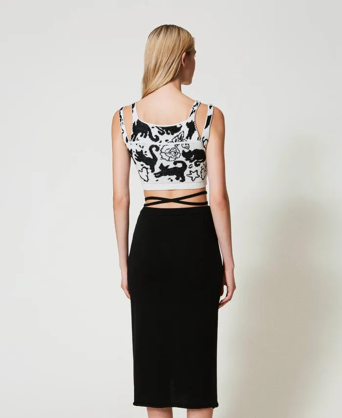 Twinset Treeblend Yarn Jacquard Midi Skirt Black Snow White Inlay Women Skirts Twinset Treeblend Yarn Jacquard Midi Skirt Black Snow White Inlay Women Skirts