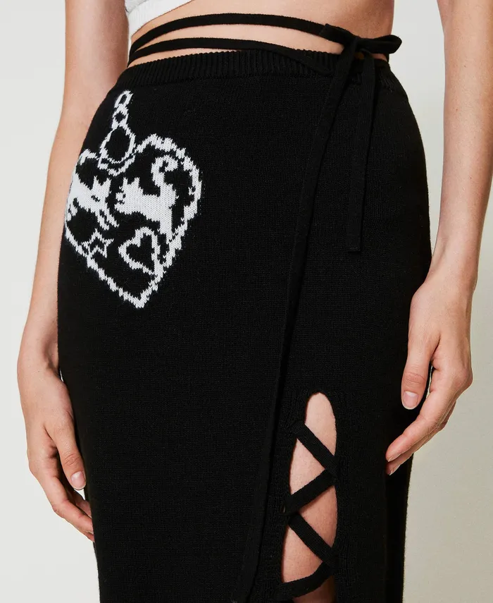 Twinset Treeblend Yarn Jacquard Midi Skirt Black Snow White Inlay Women Skirts Twinset Treeblend Yarn Jacquard Midi Skirt Black Snow White Inlay Women Skirts