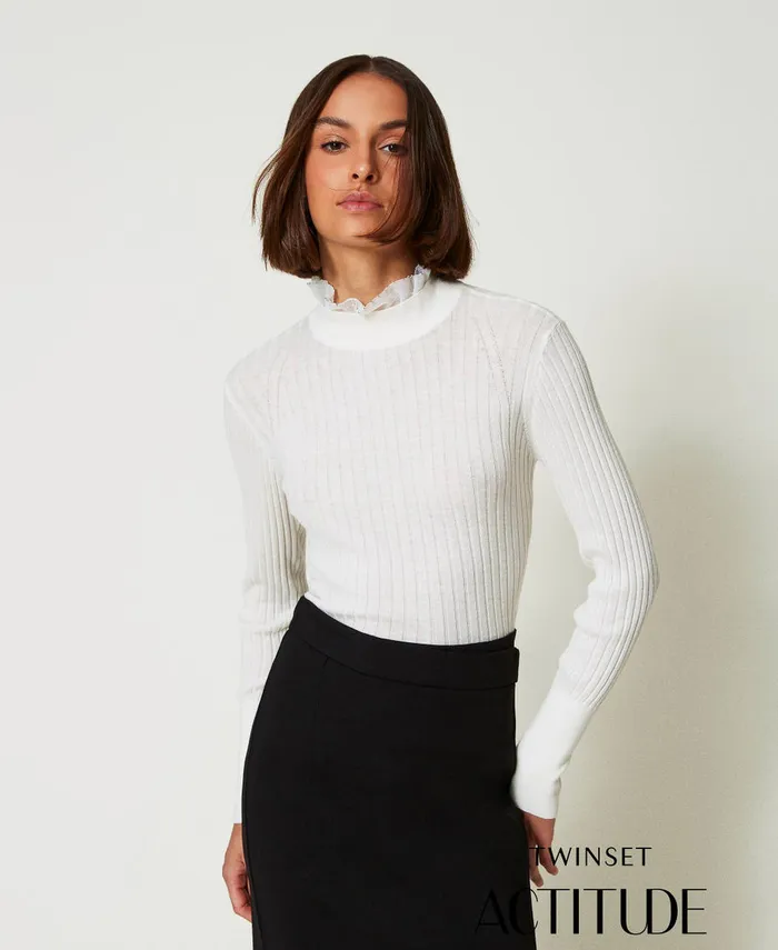 Twinset Turtleneck Jumper With Beads White Cream Women Jumpers And Cardigans