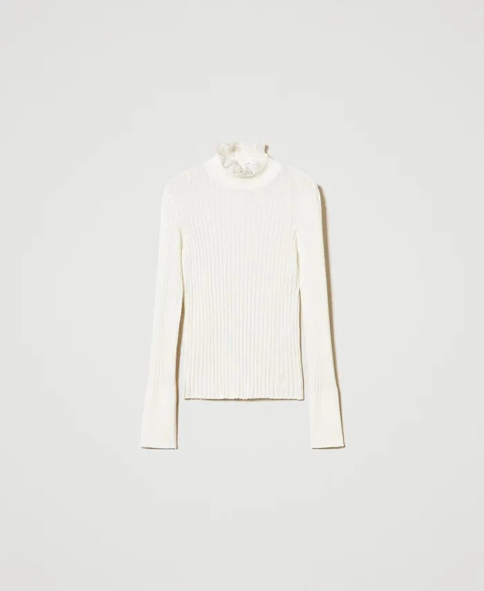 Twinset Turtleneck Jumper With Beads White Cream Women Jumpers And Cardigans Twinset Turtleneck Jumper With Beads White Cream Women Jumpers And Cardigans