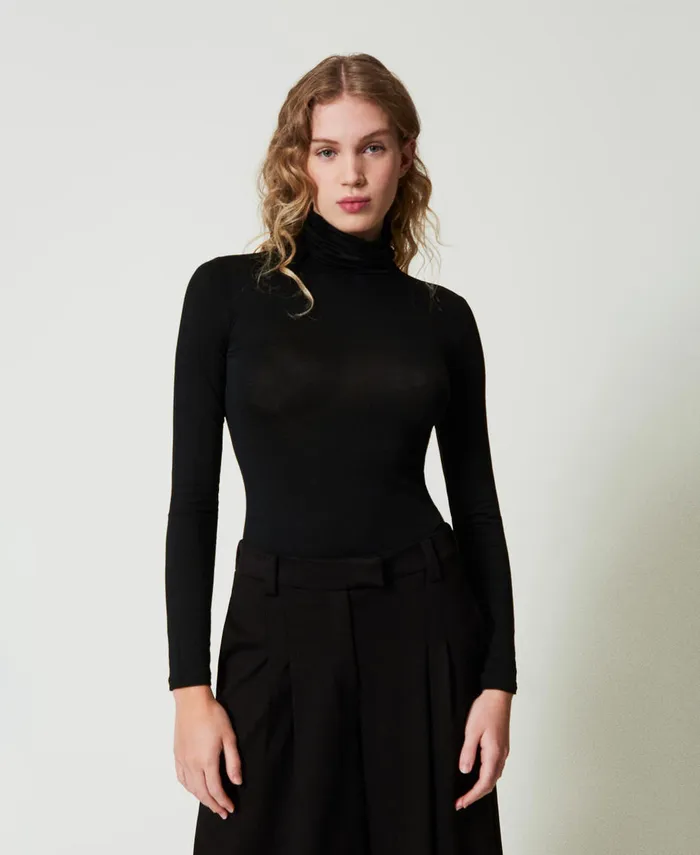Twinset Turtleneck TShirt With Embroidered Logo Black Women TShirts And Tops