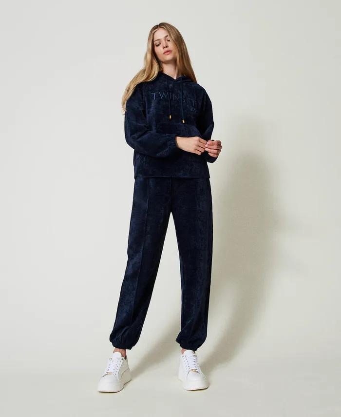 Twinset Velvet Joggers Blackout Blue Women Trousers
