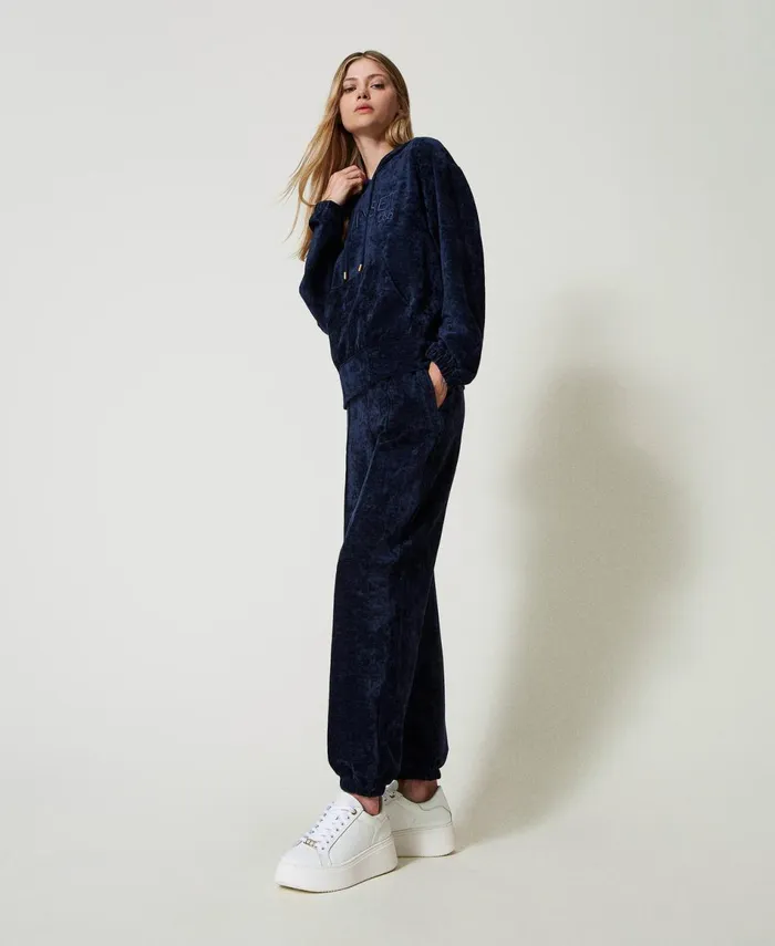Twinset Velvet Joggers Blackout Blue Women Trousers Twinset Velvet Joggers Blackout Blue Women Trousers