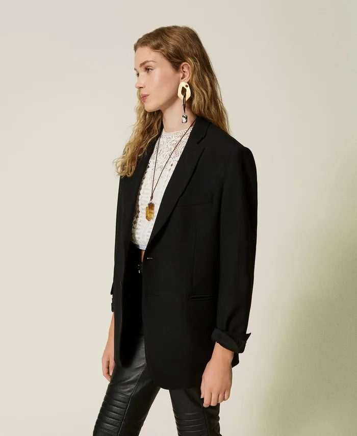 Twinset Wool Blend Serge Blazer Black Women Jackets And Outerwear Twinset Wool Blend Serge Blazer Black Women Jackets And Outerwear