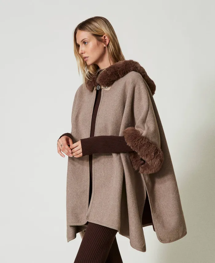 Twinset Wool Cloth And Faux Fur Poncho Chocolate Malt Women Jackets And Outerwear